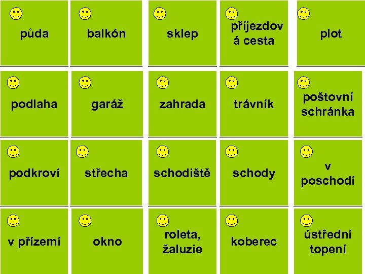 půda attic podlaha floor podkroví loft downstairs v přízemí balcony balkón garage garáž cellar/