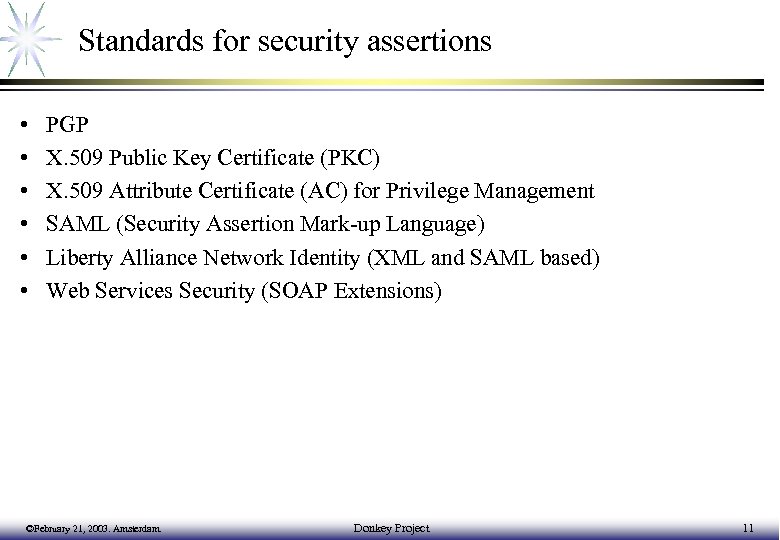 Standards for security assertions • • • PGP X. 509 Public Key Certificate (PKC)