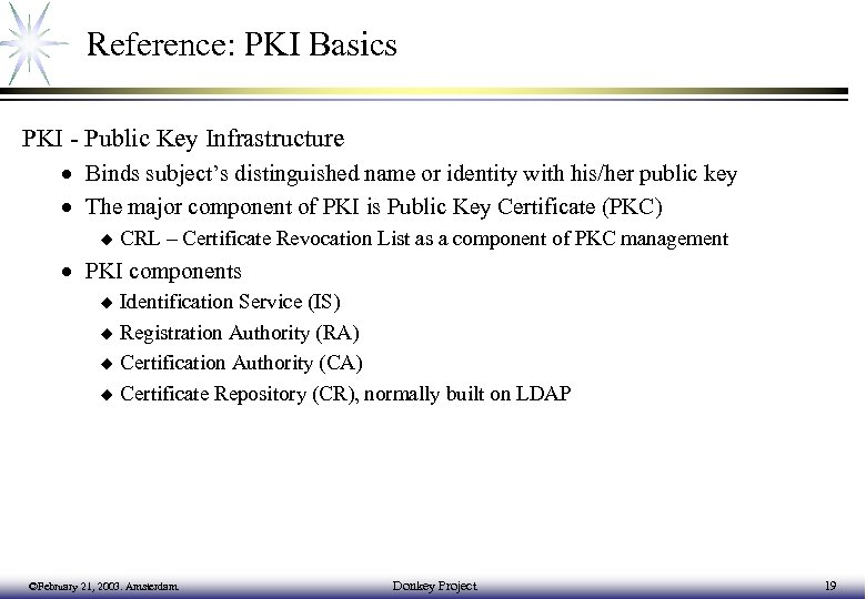 Reference: PKI Basics PKI - Public Key Infrastructure · Binds subject’s distinguished name or