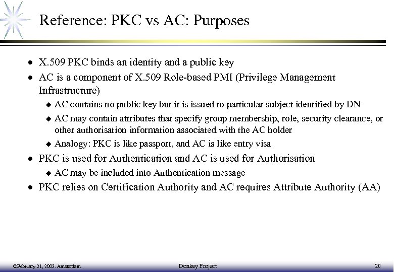 Reference: PKC vs AC: Purposes · X. 509 PKC binds an identity and a