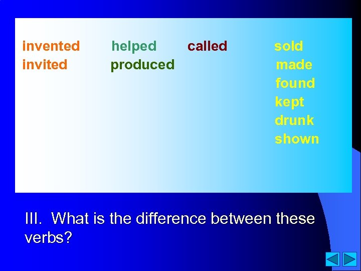 invented invited helped called produced sold made found kept drunk shown III. What is