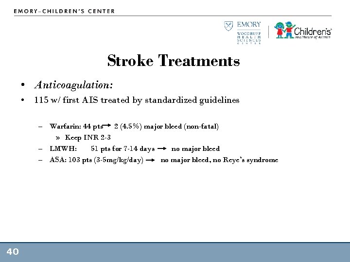 Stroke Treatments • Anticoagulation: • 115 w/ first AIS treated by standardized guidelines –
