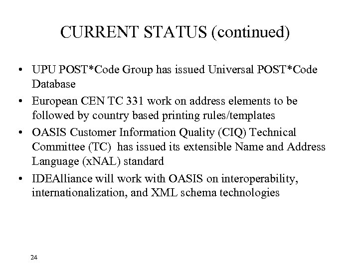 CURRENT STATUS (continued) • UPU POST*Code Group has issued Universal POST*Code Database • European