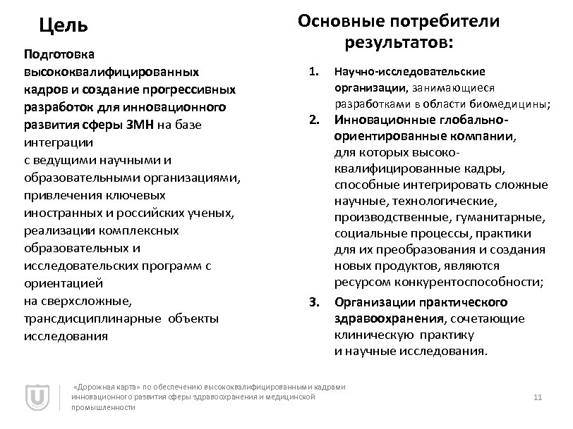 Цель Подготовка высококвалифицированных кадров и создание прогрессивных разработок для инновационного развития сферы ЗМН на