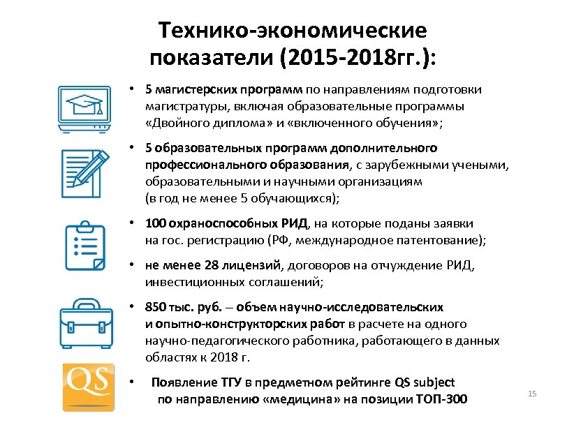 Технико-экономические показатели (2015 -2018 гг. ): • 5 магистерских программ по направлениям подготовки магистратуры,