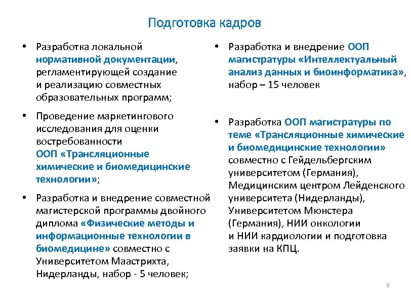 Подготовка кадров • Разработка локальной нормативной документации, регламентирующей создание и реализацию совместных образовательных программ;