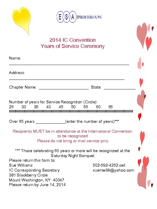  2014 IC Convention Years of Service Ceremony Name: ___________________________ Address: __________________________ Chapter Name: