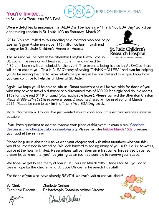 You're Invited. . . to St. Jude's Thank You ESA Day! We are delighted