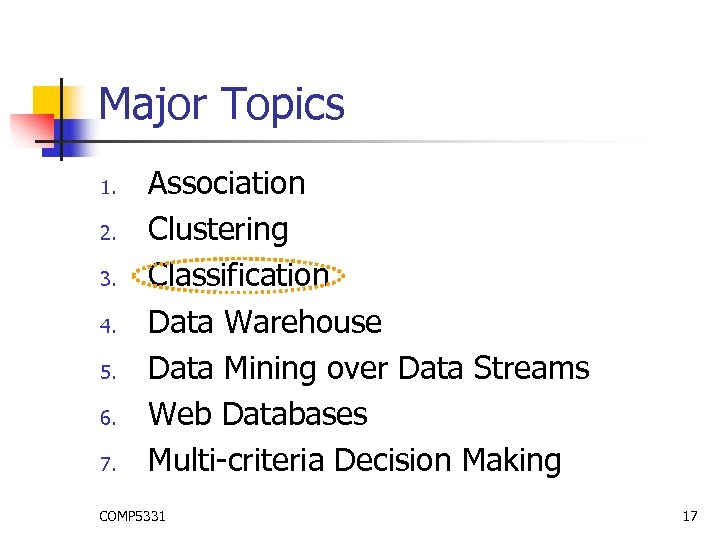 Major Topics 1. 2. 3. 4. 5. 6. 7. Association Clustering Classification Data Warehouse