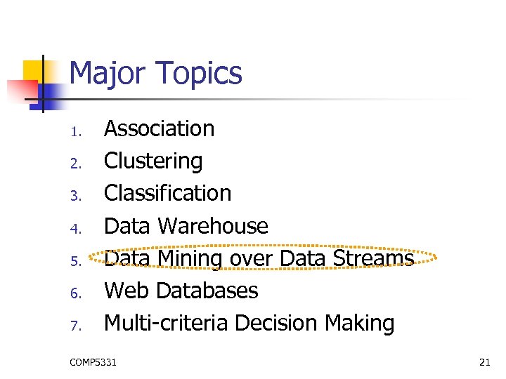 Major Topics 1. 2. 3. 4. 5. 6. 7. Association Clustering Classification Data Warehouse