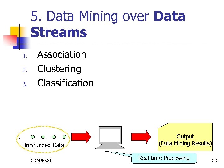 5. Data Mining over Data Streams 1. 2. 3. Association Clustering Classification … Unbounded