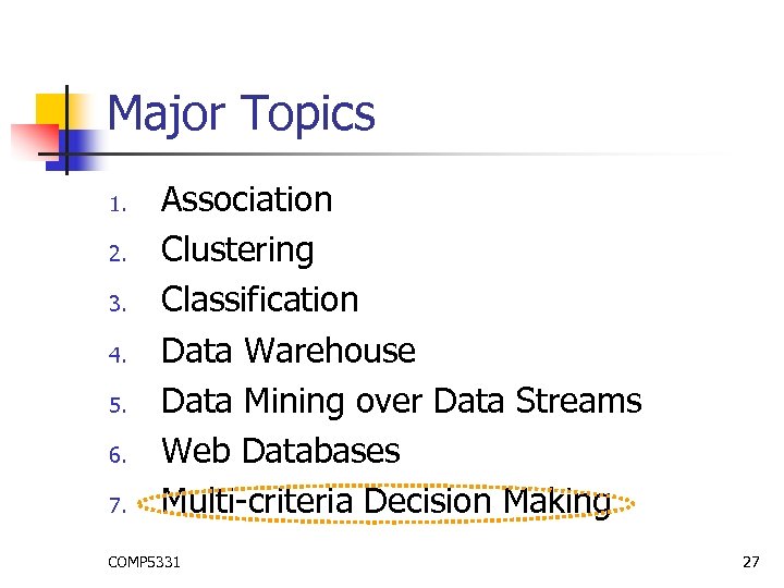 Major Topics 1. 2. 3. 4. 5. 6. 7. Association Clustering Classification Data Warehouse