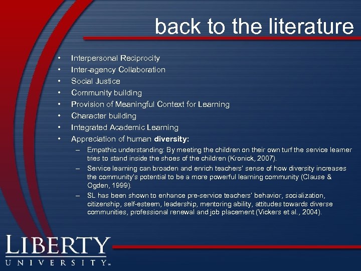 back to the literature • • Interpersonal Reciprocity Inter-agency Collaboration Social Justice Community building