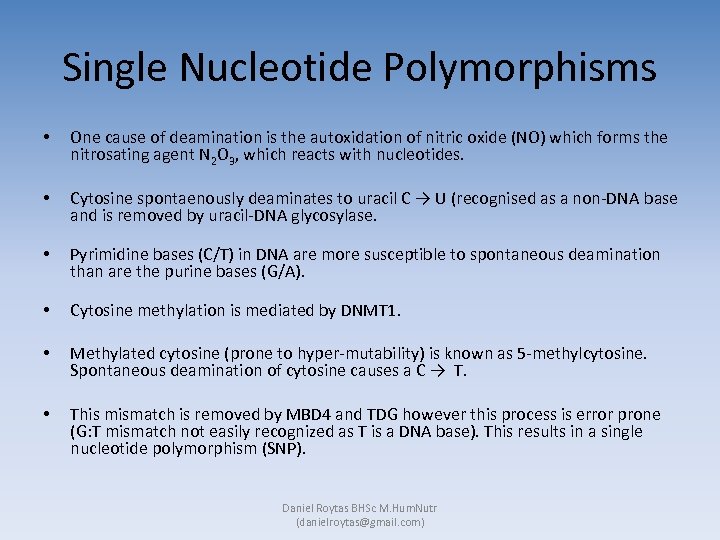 Single Nucleotide Polymorphisms • One cause of deamination is the autoxidation of nitric oxide