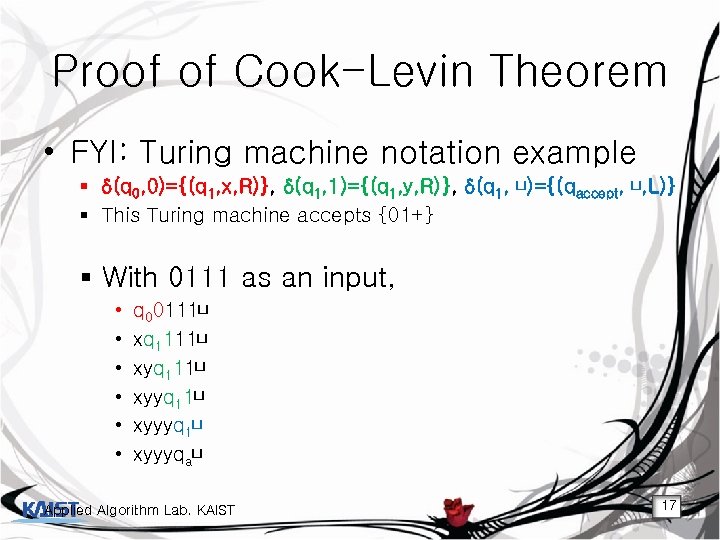 Proof of Cook-Levin Theorem • FYI: Turing machine notation example § δ(q 0, 0)={(q