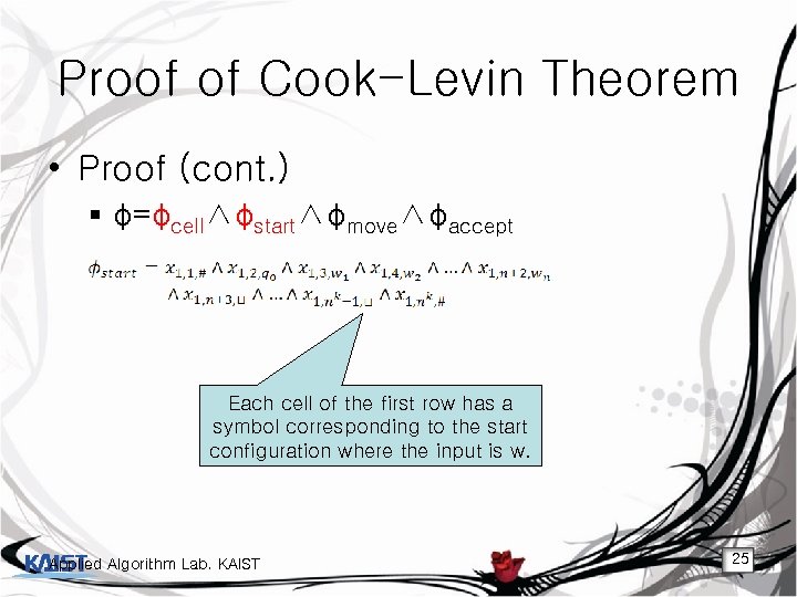 Proof of Cook-Levin Theorem • Proof (cont. ) § φ=φcell∧φstart∧φmove∧φaccept Each cell of the