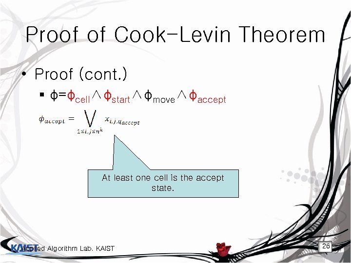 Proof of Cook-Levin Theorem • Proof (cont. ) § φ=φcell∧φstart∧φmove∧φaccept At least one cell