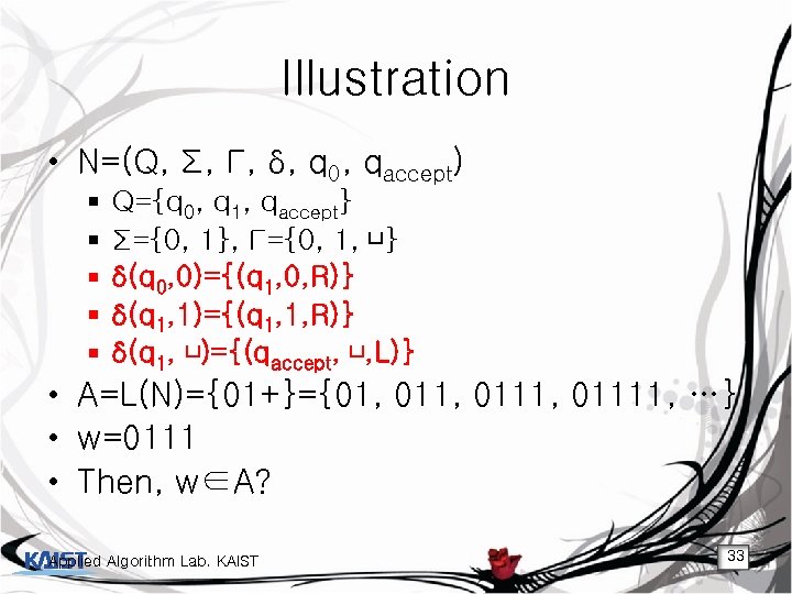 Illustration • N=(Q, Σ, Γ, δ, q 0, qaccept) § § § Q={q 0,