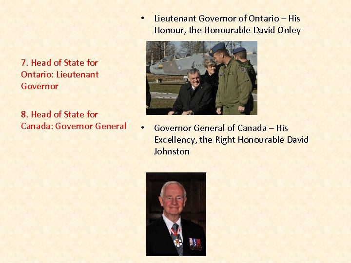  • Lieutenant Governor of Ontario – His Honour, the Honourable David Onley 7.