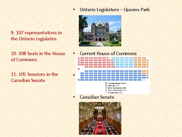  • Ontario Legislature – Queens Park 9. 107 representatives in the Ontario Legislatire