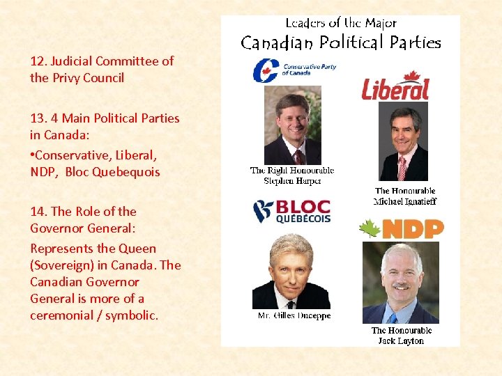 12. Judicial Committee of the Privy Council 13. 4 Main Political Parties in Canada: