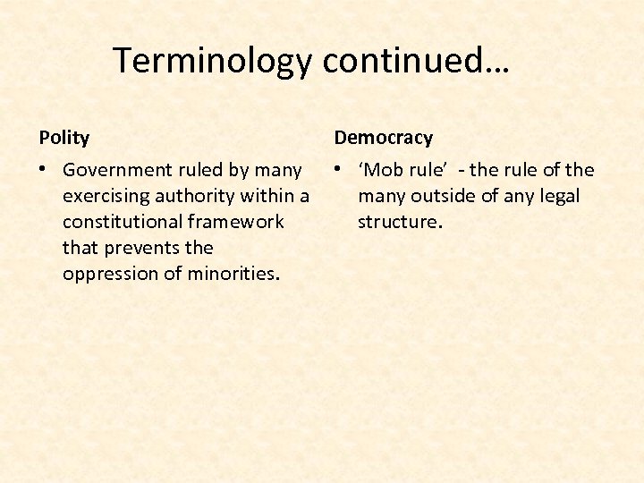 Terminology continued… Polity Democracy • Government ruled by many exercising authority within a constitutional