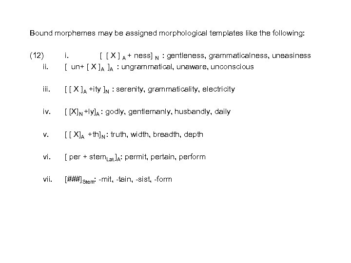 Bound morphemes may be assigned morphological templates like the following: (12) ii. i. [