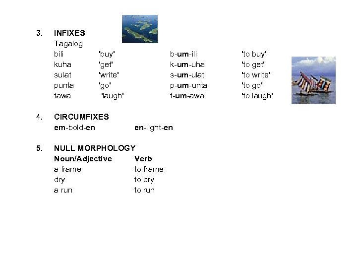 3. INFIXES Tagalog bili kuha sulat punta tawa 'buy' 'get' 'write' 'go' 'laugh' 4.