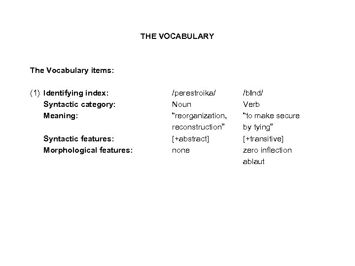 THE VOCABULARY The Vocabulary items: (1) Identifying index: Syntactic category: Meaning: Syntactic features: Morphological