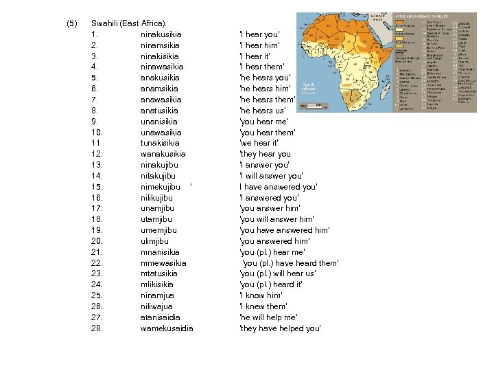 (5) Swahili (East Africa). 1. ninakusikia 2. ninamsikia 3. ninakisikia 4. ninawasikia 5. anakusikia