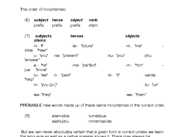 The order of morphemes: (6) subject prefix tense prefix object prefix verb stem (7)