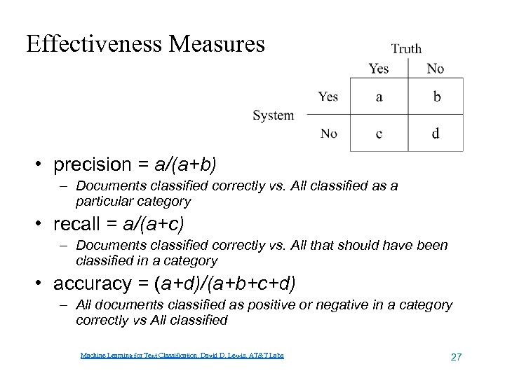 Effectiveness Measures • precision = a/(a+b) – Documents classified correctly vs. All classified as