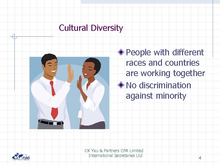  Cultural Diversity People with different races and countries are working together No discrimination