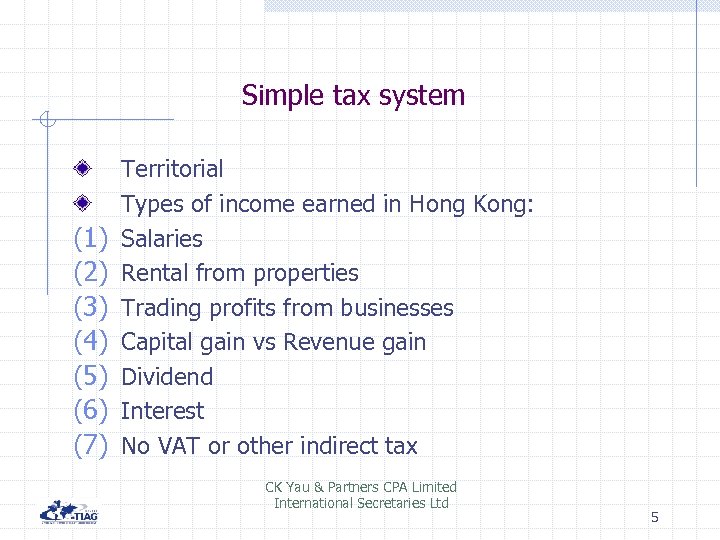 Simple tax system (1) (2) (3) (4) (5) (6) (7) Territorial Types of income