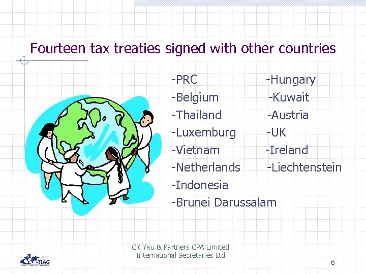 Fourteen tax treaties signed with other countries -PRC -Hungary -Belgium -Kuwait -Thailand -Austria -Luxemburg