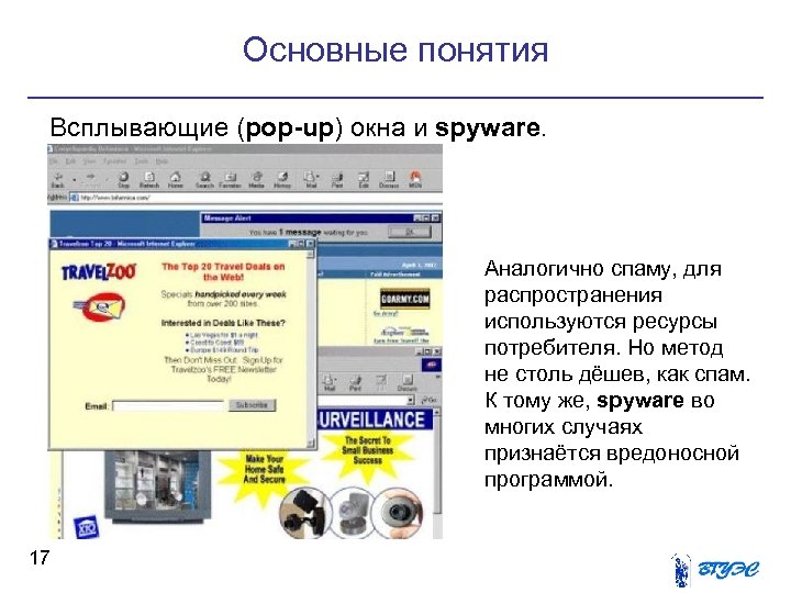 Основные понятия Всплывающие (pop-up) окна и spyware. Аналогично спаму, для распространения используются ресурсы потребителя.