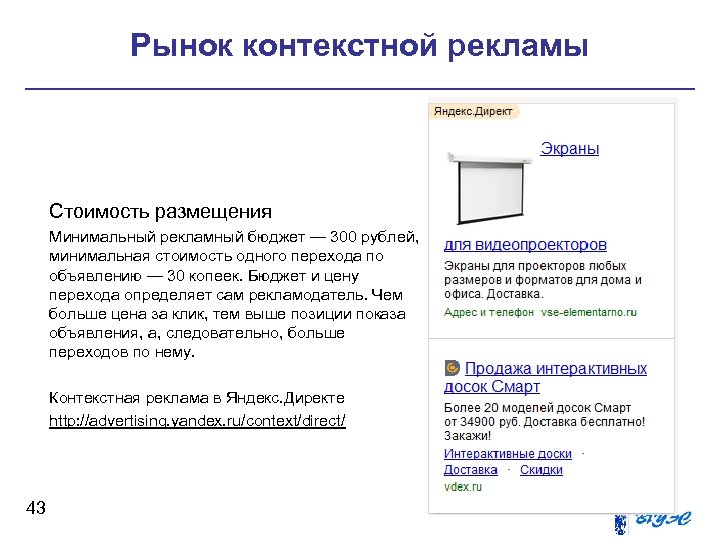Рынок контекстной рекламы Стоимость размещения Минимальный рекламный бюджет — 300 рублей, минимальная стоимость одного