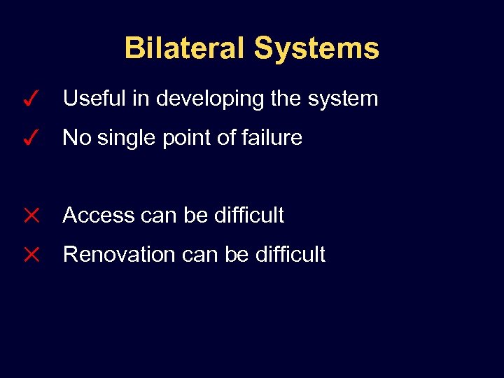 Bilateral Systems ✓ Useful in developing the system ✓ No single point of failure