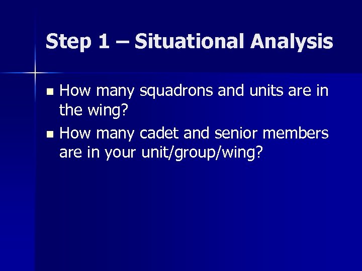 Step 1 – Situational Analysis How many squadrons and units are in the wing?