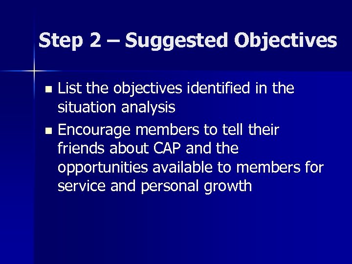 Step 2 – Suggested Objectives List the objectives identified in the situation analysis n