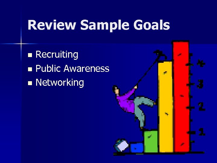 Review Sample Goals Recruiting n Public Awareness n Networking n 
