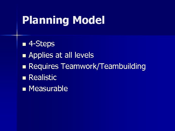 Planning Model 4 -Steps n Applies at all levels n Requires Teamwork/Teambuilding n Realistic