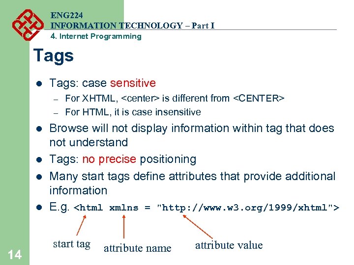 ENG 224 INFORMATION TECHNOLOGY – Part I 4. Internet Programming Tags l Tags: case