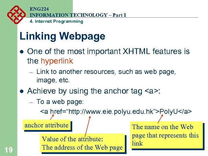 ENG 224 INFORMATION TECHNOLOGY – Part I 4. Internet Programming Linking Webpage l One