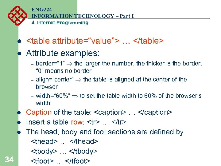 ENG 224 INFORMATION TECHNOLOGY – Part I 4. Internet Programming l l <table attribute=“value”>