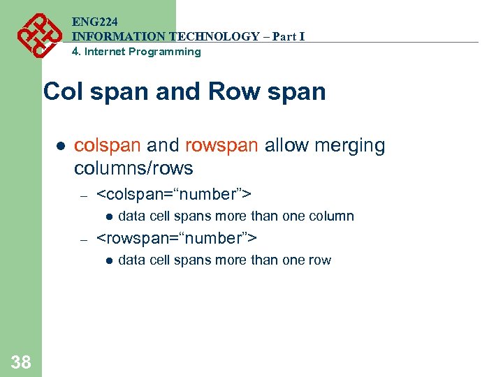 ENG 224 INFORMATION TECHNOLOGY – Part I 4. Internet Programming Col span and Row