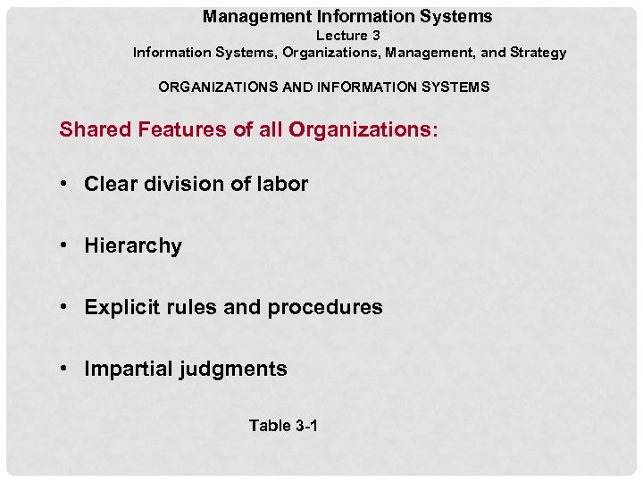 Management Information Systems Lecture 3 Information Systems, Organizations, Management, and Strategy ORGANIZATIONS AND INFORMATION