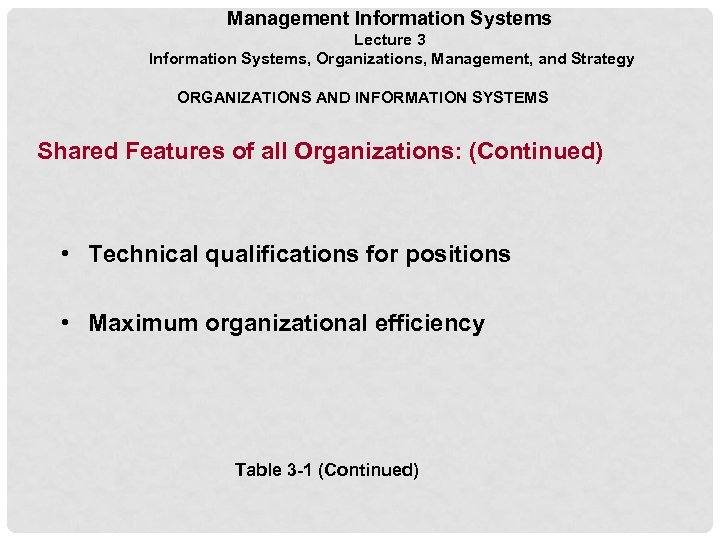 Management Information Systems Lecture 3 Information Systems, Organizations, Management, and Strategy ORGANIZATIONS AND INFORMATION