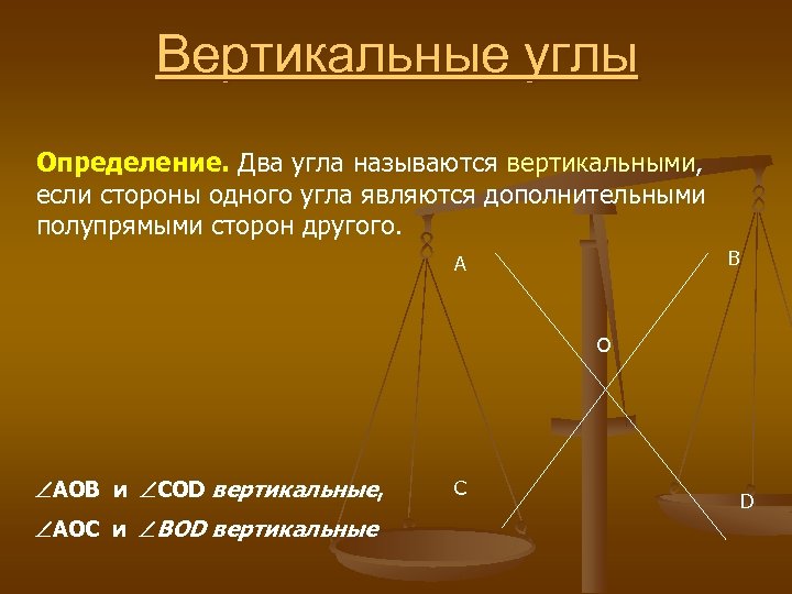 Вертикальные углы Определение. Два угла называются вертикальными, если стороны одного угла являются дополнительными полупрямыми