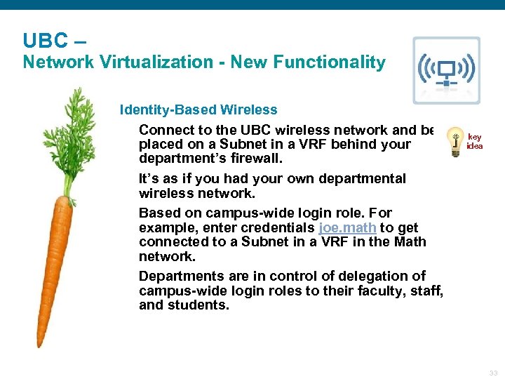 UBC – Network Virtualization - New Functionality § Identity-Based Wireless Connect to the UBC